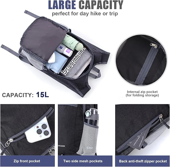 15L Hiking Backpack Small Travel Backpack Lightweight Packable Backpacks Casual Daypack for Women and Men, Black