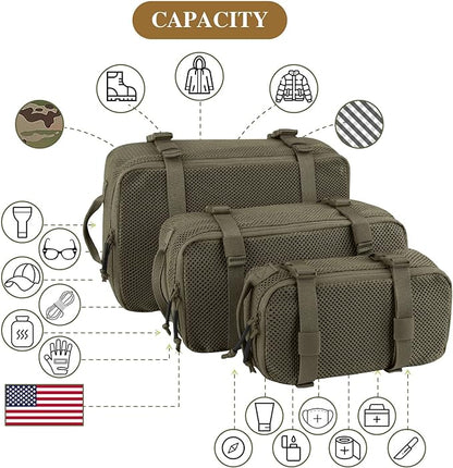 PETAC GEAR 3 PCS Tactical Modular Packing Cubes, Large Capacity Mesh Storage Bag,Outdoor Travel Organize Storage Pouches Bags.