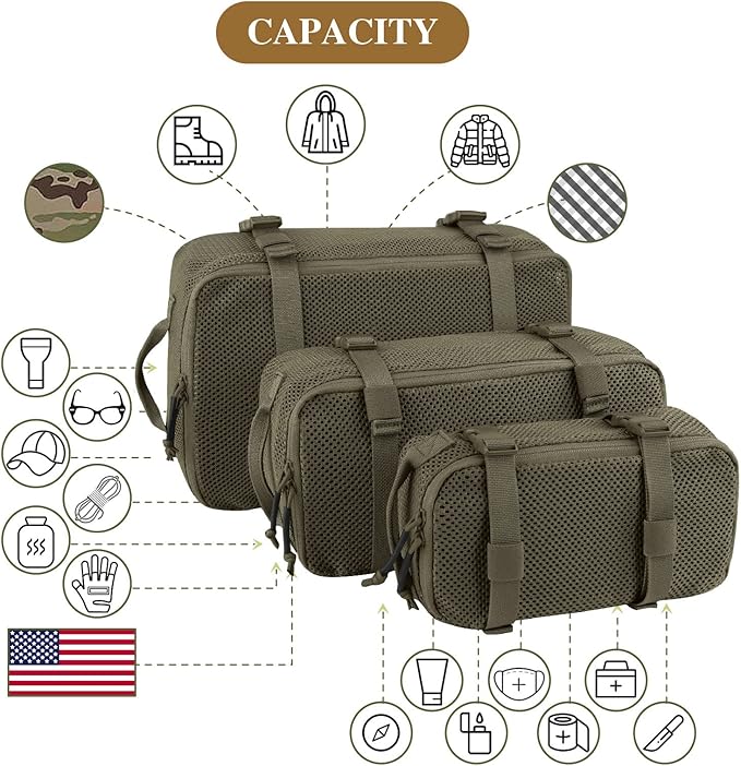 PETAC GEAR 3 PCS Tactical Modular Packing Cubes, Large Capacity Mesh Storage Bag,Outdoor Travel Organize Storage Pouches Bags.