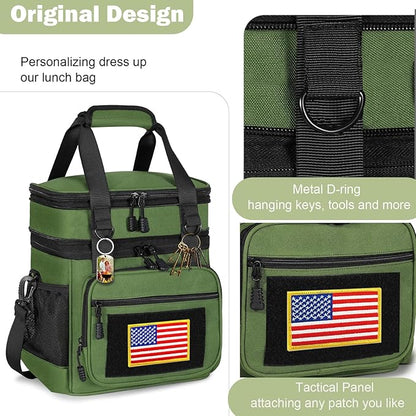 Double Deck Insulated Lunch Box, Expandable Large Lunch Bag Leakproof Cooler Bag Lunch Pail for Men Women Adults Work Shifts Travel Daytrip,16L,Army Green