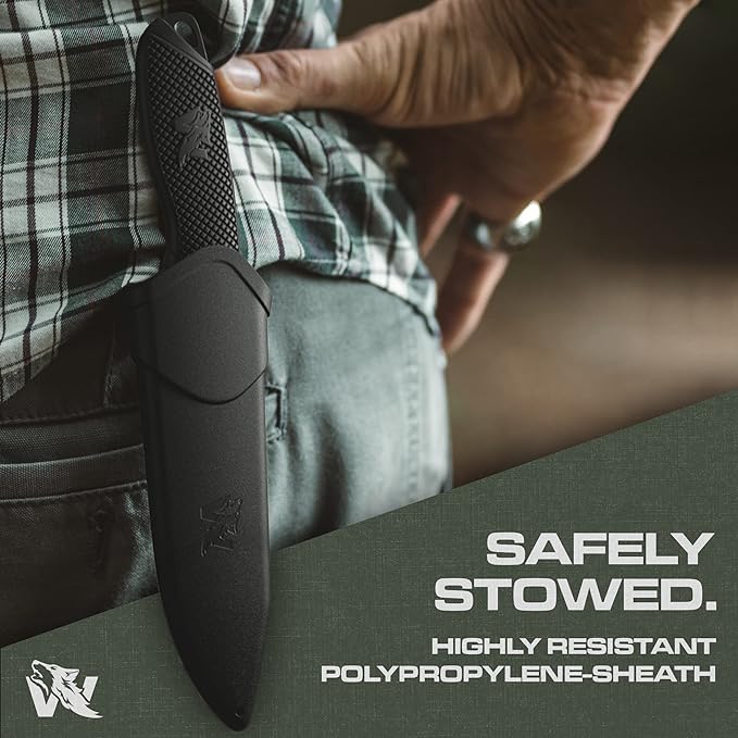 WOLF-I Full Tang Survival Knife with Sheath - Stylish Tactical Fixed Blade - Made of 440C Steel - For Bushcraft and Camping - Perfect EDC Outdoor Knife with TPE Handle