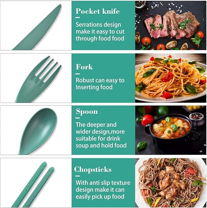 Large Reusable Travel Utensils Set with Case, Plastic Silverware Set for Adults Travel Picnic Camping, Portable Flatware Cutlery Set with Chopsticks for Daily Use(Dark Green)