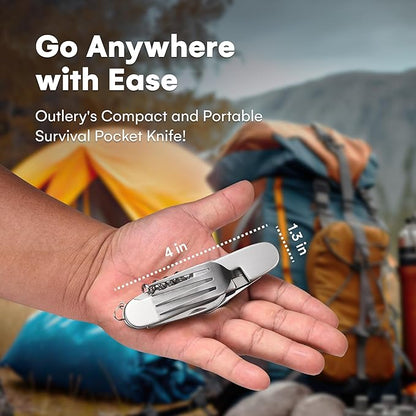 Outlery Survival Pocket Knife - Functional Backpacking Knife with Utensils and Utility Tool - Multifunction and Tactical for Camping or Hiking - Silver, Stainless Steel Multitool - H0.9xL4xW1.3 Inches