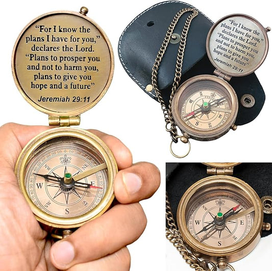Engraved Brass Compass, Antique Nautical Vintage Directional Magnetic Compass, with Famous Scripture Quote, Baptism Gifts with Leather Case