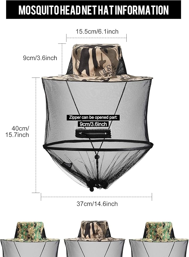 2 Pieces Mosquito Head Mesh Mosquito Cap Net Hat Face Cover with Zipper Foldable Fly Protection Netting Hat for Fishing Hiking Gardening