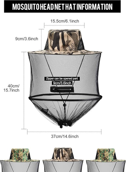 2 Pieces Mosquito Head Mesh Mosquito Cap Net Hat Face Cover with Zipper Foldable Fly Protection Netting Hat for Fishing Hiking Gardening