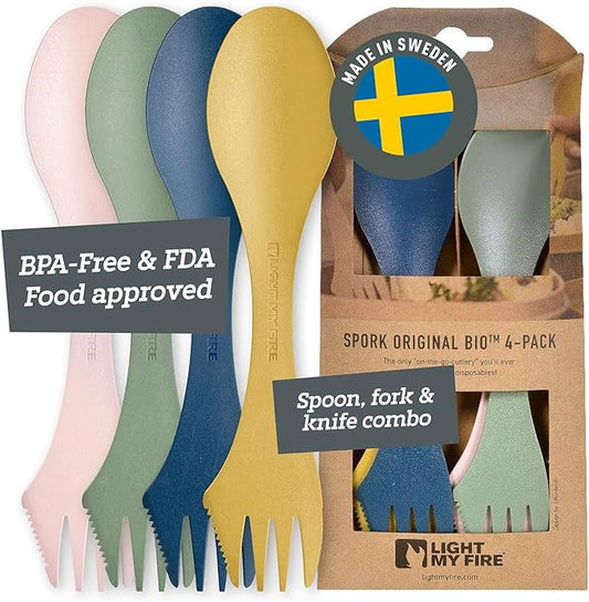 Light My Fire Spork Original — 3-in-1 Camping Spoon Fork Knife Combo — Reusable Travel & Camping Utensils — Lunch Spork — Outdoor Backpacking Hiking Picnic Utensil BPA Free — 4-Pack Nature
