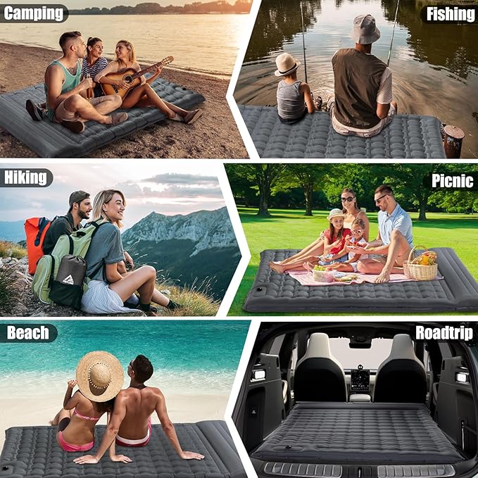 Double Sleeping Pad Camping, Self Inflating 4'' Extra-Thick 2 Person Pillow Built-in Foot Pump Waterproof Inflatable Sleeping Mat Backpacking, Tent, Hiking, Portable Camping Pad (Grey-Double)