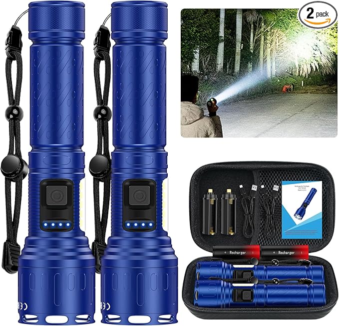 Flashlights 100,000 High Lumens Rechargeable - Super Bright LED Magnetic Flashlight with Sidelight 8 Modes Waterproof Powerful Handheld Flash Light for Emergency (2 Pack with Leather Box, Blue)