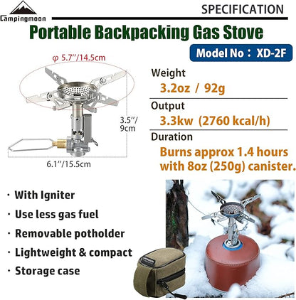 CAMPINGMOON Compact Foldable Stove w/Micro Regulator w/4Flex w/igniter XD-2F