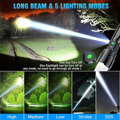 Flashlights 20000 High Lumens Rechargeable - 1500 Meters Long Beam Super Bright LED Flash Light with Power Display & IPX5 Waterproof for Camping, 20H Runtime,5 Modes,Zoomable with Belt Holsters