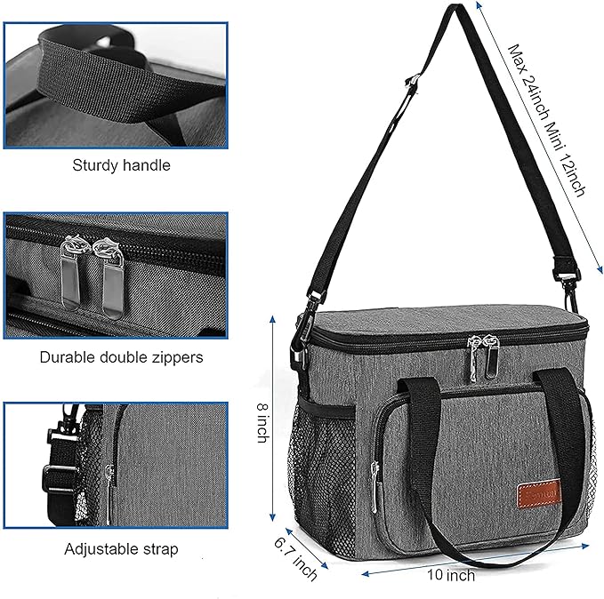 Femuar Lunch Bags for Women/Men, Insulated Lunch Bag for Work Office Picnic - Lunch Cooler Bag Leakproof Lunch Box with Adjustable Shoulder Strap - Grey(8.7L)