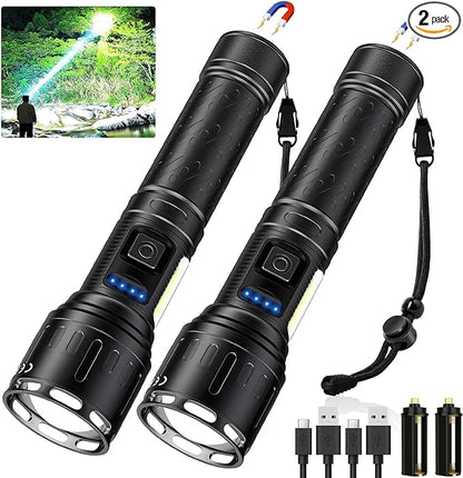 Rechargeable Magnetic Flashlights 100,000 High Lumens, Super Bright LED Powerful Flashlight 8 Modes with COB Work Light, Waterproof Handheld Flash Light for Camping (2 Pack with Paper Box, Black)