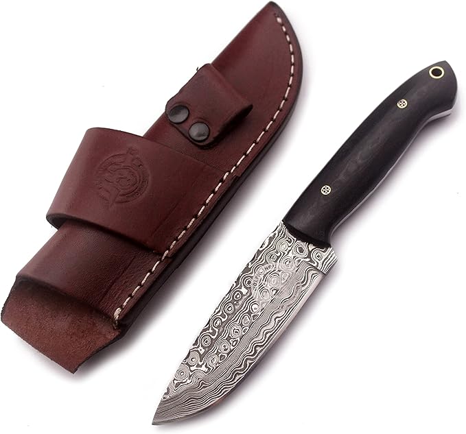 Handmade Damascus Steel Knife for Hunting, Survival,Camping,Bushcrafting and Fishing- Fixed Blade Dagger with Drop Point,Full Tang-Micarta Handle with Cowhide-Leather Sheath DCX 22 -280
