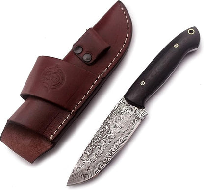 Handmade Damascus Steel Knife for Hunting, Survival,Camping,Bushcrafting and Fishing- Fixed Blade Dagger with Drop Point,Full Tang-Micarta Handle with Cowhide-Leather Sheath DCX 22 -280
