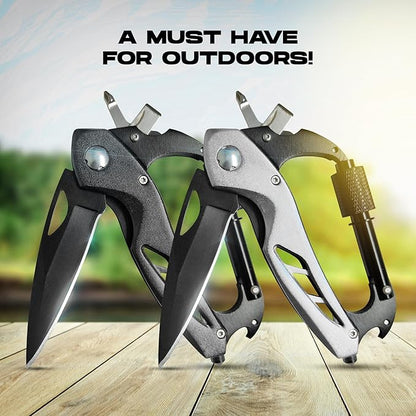 2-Pack Outdoor Carabiner Multitool, Carabiner Knife, EDC Pocket Knife Survival Gear with Glass Breaker
