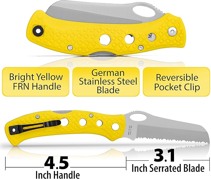 Maxam 5 Inch Saltwater Knife - Rust-Proof German Stainless Steel Serrated Blade with High-Visibility Yellow Handle, Reversible Pocket Clip, Lanyard Hole