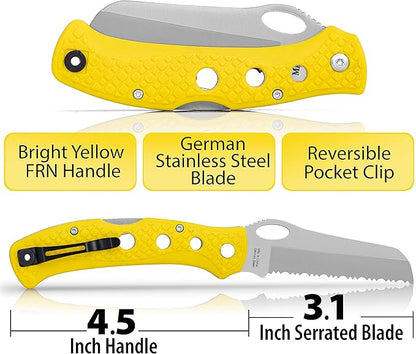 Maxam 5 Inch Saltwater Knife - Rust-Proof German Stainless Steel Serrated Blade with High-Visibility Yellow Handle, Reversible Pocket Clip, Lanyard Hole