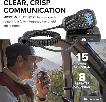 Midland – MXT275 MicroMobile® GMRS Radio – 15 watts Two-Way Radio with Integrated Control Microphone – Overland Caravanning Tractors – Detachable External Magnetic Mount Antenna - 8 Repeater Channels