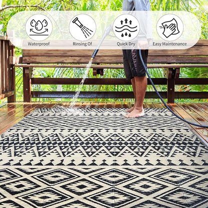 Waterproof Outdoor Rug 6x9ft, Bohemia Reversible Plastic Straw Mat for Patio RV Deck Porch Backyard Balcony Camping Picnic Beach Indoor Outdoor Carpet, Black&Beige