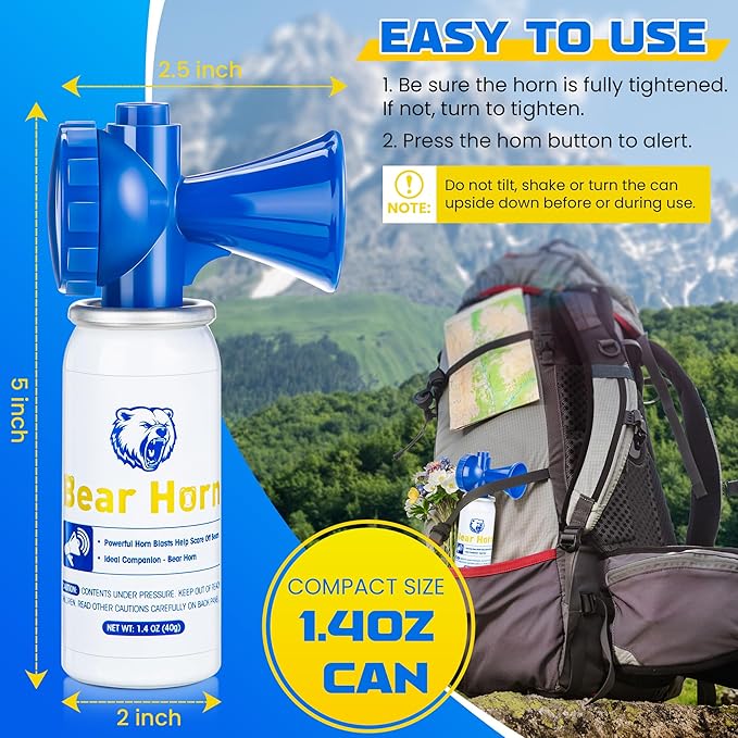 2 Pack 1.4oz Bear Horn Self Defense, Loud Air Horn for Bears, 120dB Heard up to 1/2 Mile Away, Air Horns for Safety for Wild Animals, Bear Alarm Scare Bears, Ideal for Hiking