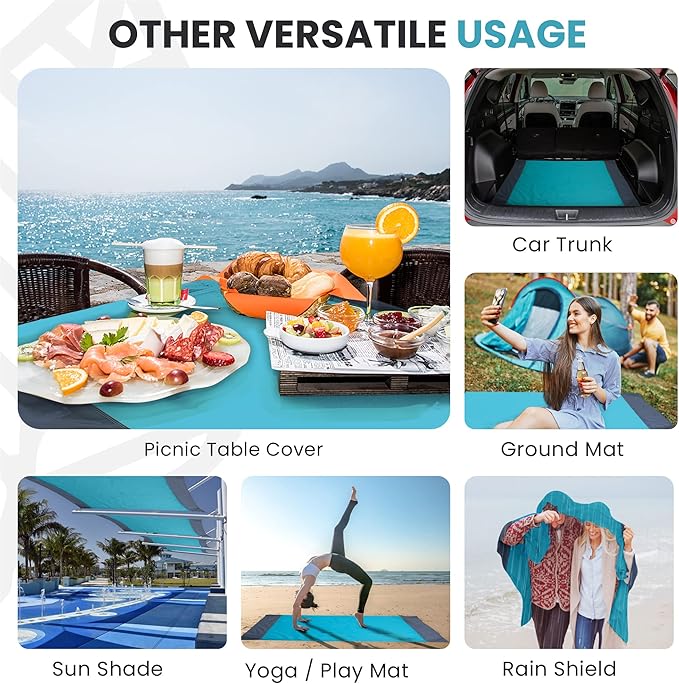 Lightweight Beach Blanket - Oversized 107" x 77" - Waterproof Sandproof - Double Anchored for Fun Leisure Beach Blanket - with Stake and Pouch - Durable Sand Beach Mat