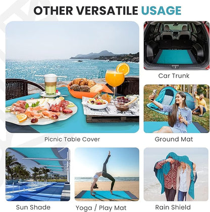 Lightweight Beach Blanket - Oversized 107" x 77" - Waterproof Sandproof - Double Anchored for Fun Leisure Beach Blanket - with Stake and Pouch - Durable Sand Beach Mat