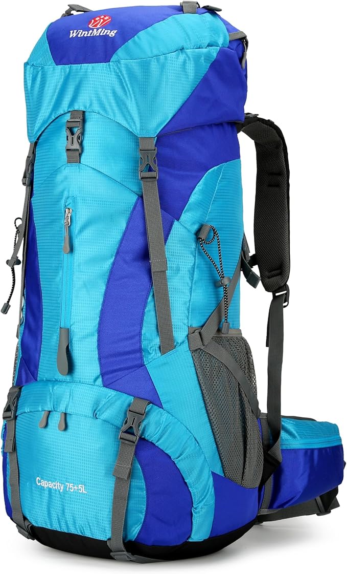 King'sGuard Hiking Backpack for Men and Women 70L+5L Waterproof Lightweight Camping Daypack with Rain Cover for Outdoor Travel Mountaineering - Frameless (Blue)