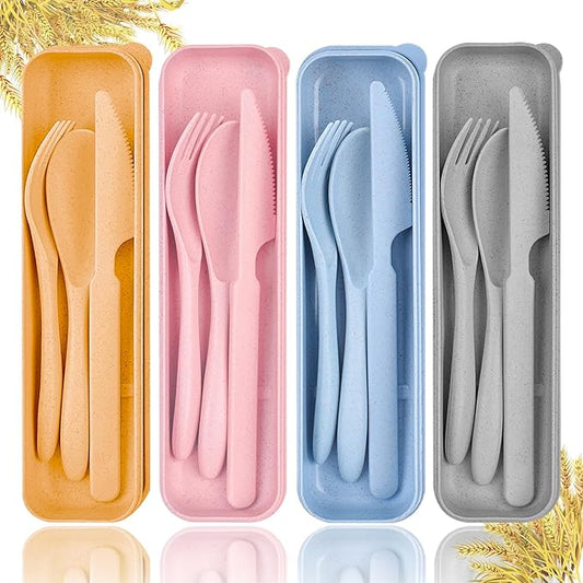 Travel Utensil Set with Case, 4 Sets Wheat Straw Silverware Reusable Knife Spoons and Forks Cutlery Set, Portable Utensil Sets for Travel Picnic Camping or Daily Use