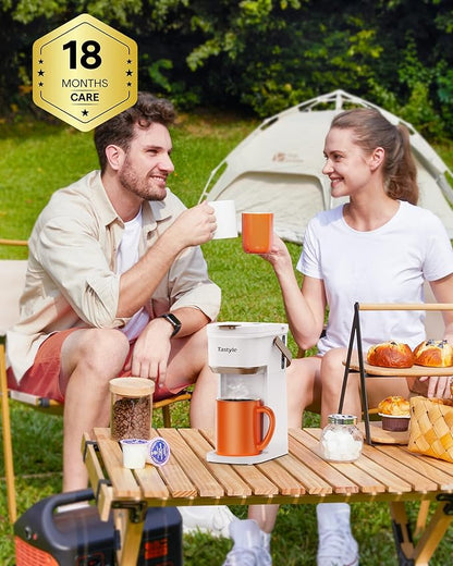 Single Serve One Cup Coffee Maker, for K Cups and Grounds, Mini Coffee Maker with Portable Handle, 6 to 12 Oz Brew Size, for Travel, Camping, Office, RV and Dorm, White and Brown