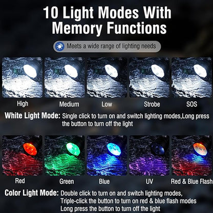 ULTRAFIRE ET28S 5 Color Tactical Multicolor Mini Flashlight Rechargeable White Blue Green Red UV 365nm 5 Light RGB LED Torch for Night Hunting Light, Fishing, Camping Hiking