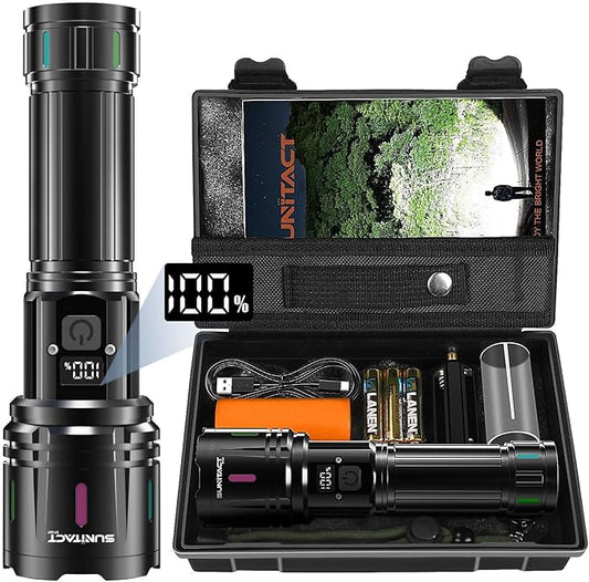Flashlights High Lumens, Sunitact Flashlight LED Rechargeable, 980000 Lumens XHM90.2 Super Bright Flashlight, Flash Light Battery Powered, Powerful Handheld Flashlight for Home Emergency Hiking Gift