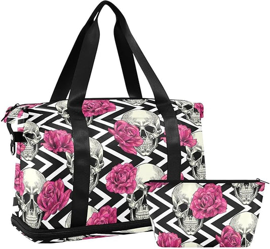 Skull Weekender Gym Bag for Women - Red Flowers Sports Duffle Travel Tote with Toiletry Bag, Shoes Compartment & Dry/Wet Separation