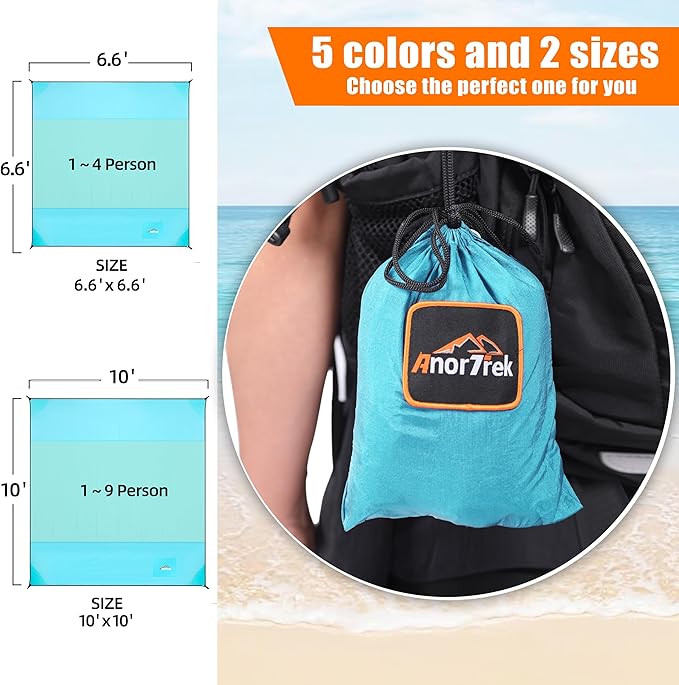 Beach Blanket Sandproof, Extra Large Beach Mat, Sand Free Mat Quick Drying, Lightweight, Soft & Durable Mat for Beach, Yard (Sky Blue & Mint Green, 6.6 x 6.6 FT (1～4 Person))