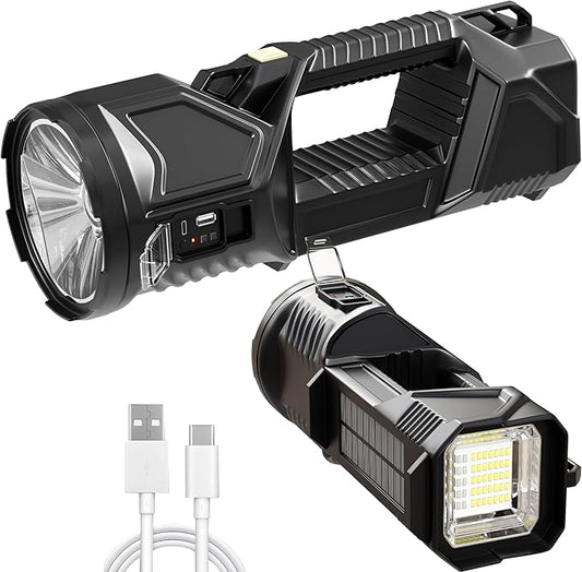 Solar Flashlight,1800 Lumens 6 Modes LED Spotlight Flashlight with Solar Panel, Rechargeable Portable LED Searchlight for Outdoor Hunting Fishing Camping Emergency