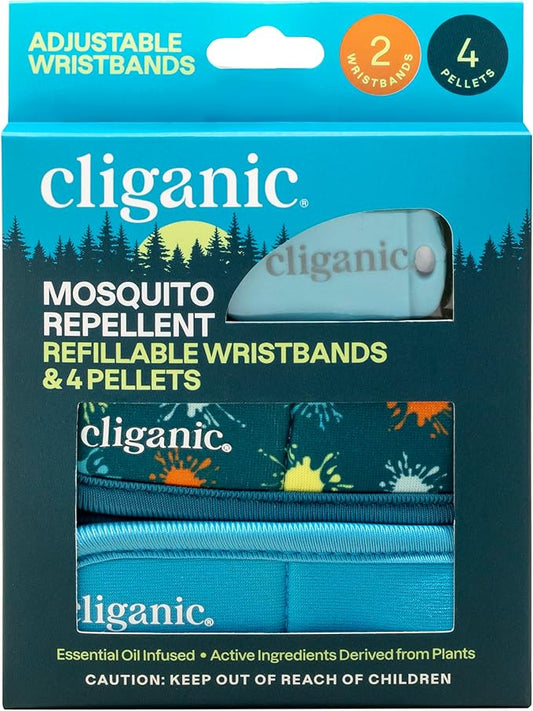 Cliganic Mosquito Repellent Pack (2 Wristbands + 4 Refill Pellets) - Adjustable, Natural DEET-Free, Essential Oil Infused