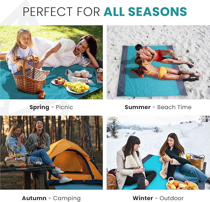 Lightweight Beach Blanket - Oversized 107" x 77" - Waterproof Sandproof - Double Anchored for Fun Leisure Beach Blanket - with Stake and Pouch - Durable Sand Beach Mat