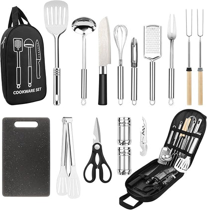 Camping Cooking Utensils Set, Stainless Steel Grill Tools, Camping BBQ Cookware Gear and Equipment for Travel Tenting RV Van Picnic Portable Kitchen Essentials Accessories