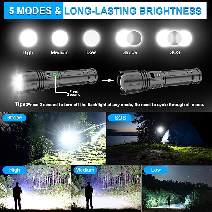 DanByte Rechargeable Flashlights 100000 High Lumens- 1500 Meters Long Beam LED Flash Light with Belt Holsters,Waterproof,Power Display,Zoomable,5 Modes Rechargeable Flashlight for Camping