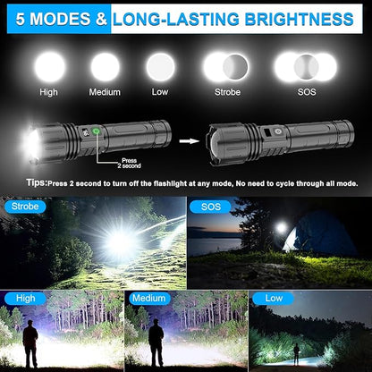 DanByte Rechargeable Flashlights 100000 High Lumens- 1500 Meters Long Beam LED Flash Light with Belt Holsters,Waterproof,Power Display,Zoomable,5 Modes Rechargeable Flashlight for Camping