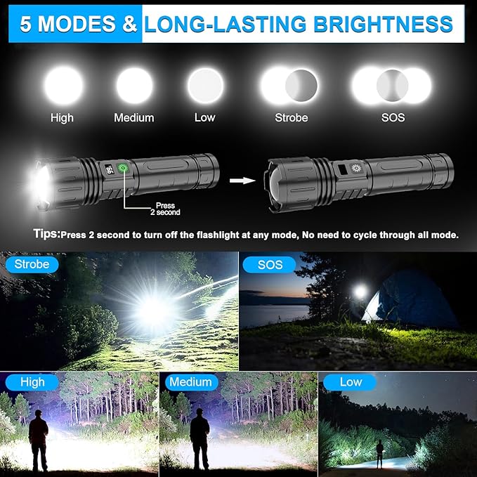 Rechargeable LED Flashlights High Lumens,20000 Lumens &1500 Meters Super Bright Rechargeable Tactical Flashlight with 5 Modes,Waterproof,Powerful Handheld Flash Light for Emergencies,Camping 2PACK