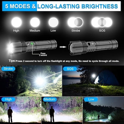 Rechargeable LED Flashlights High Lumens,20000 Lumens &1500 Meters Super Bright Rechargeable Tactical Flashlight with 5 Modes,Waterproof,Powerful Handheld Flash Light for Emergencies,Camping 2PACK