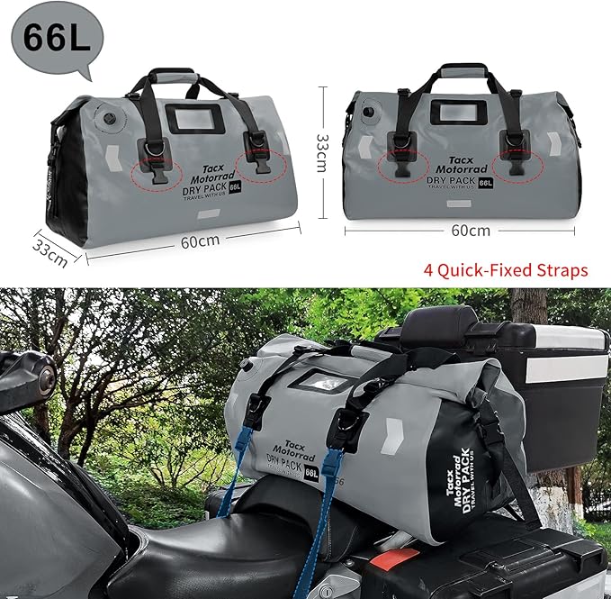 Waterproof Duffel Bag for Men/Women, Roll-top Dry Backpack Duffel Bag with Quick-fixed Straps, Motorcycle Tail Saddle Bag for Motorcycling, Rafting, Boating, Kayaking, Travel, 66L-Grey