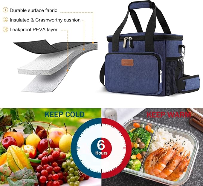 Femuar Lunch Bags for Women/Men, Insulated Lunch Bag for Work Office Picnic - Large Lunch Cooler Bag Leakproof Lunch Box with Adjustable Shoulder Strap for Adults - Blue(15L)