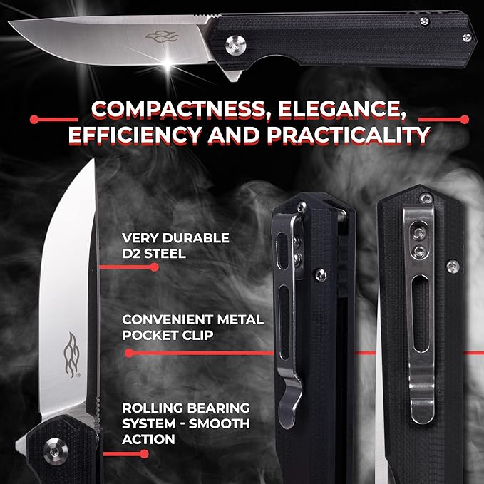 Firebird GANZO FH11S-BK Pocket Folding Knife G10 Anti-Slip Handle with Clip D2 Steel Blade Hunting Fishing Camping Gear Outdoor Folder EDC Pocket Knife (Black)
