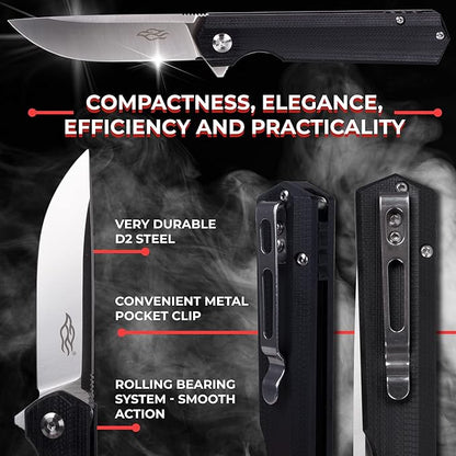 Firebird GANZO FH11S-BK Pocket Folding Knife G10 Anti-Slip Handle with Clip D2 Steel Blade Hunting Fishing Camping Gear Outdoor Folder EDC Pocket Knife (Black)