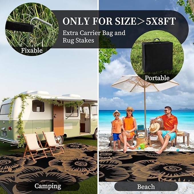 MontVoo Outdoor Rug 8x10 Waterproof Patio Rug-Outdoor Carpet Mat Reversible Plastic Straw Outside Outdoor Rug for RV Camping Picnic Beach Balcony Backyard Pool Deck Farmhouse Floral Black Brown