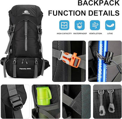ShowyLive 70L Backpack - Waterproof Hiking Backpack for Men and Women - Lightweight Camping and Backpacking Backpack with Rain Cover and Comfort Design, Black