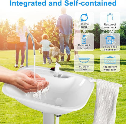 Automatic Portable Sink with Type-c Port, Electric Lightweight Camping Hand Washing Station, Wash Basin with 18L Bottom Water Tank, Soap Dispenser, Towel Holder, for Outdoor, Travel, Boat, Worksite