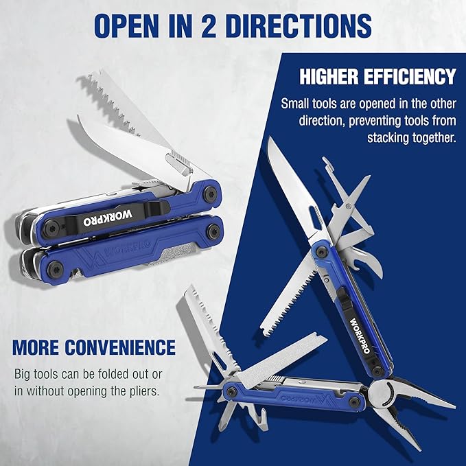 WORKPRO 18-in-1 Multi Tool Pliers, Stainless Steel EDC Multitool with Pocket Knife, 2 Safety Locks, Belt Clip and Oxford Pouch, Multipurpose Utility Multiuse Tool for Camping Outdoor Activities